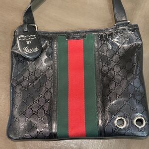 Gucci Black Shoulder Bag with Green and Red Stripe